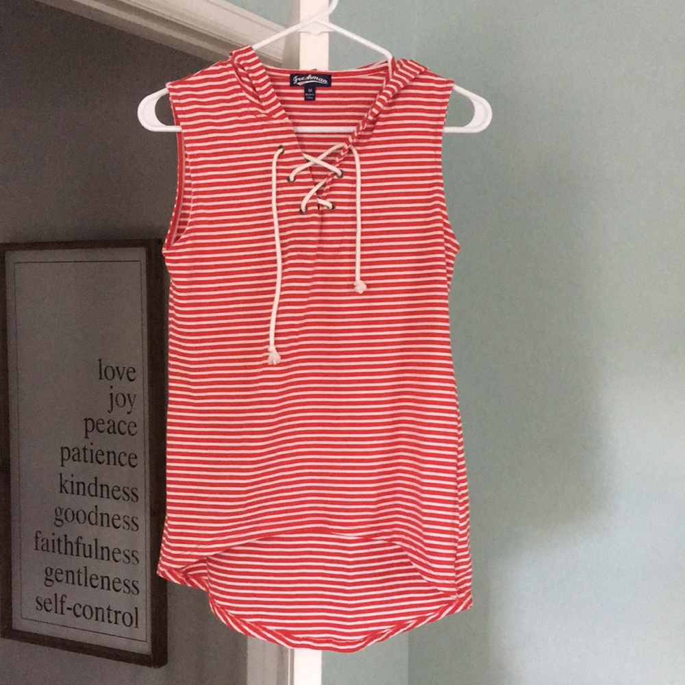 Red and white striped hooded tank